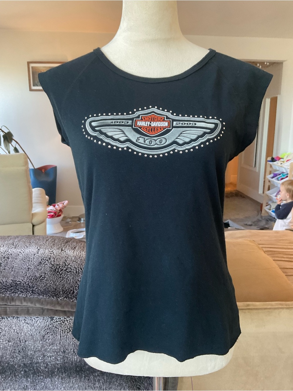 🏍️Vintage Harley Davidson 100th Anniversary Rhinestone Winged Top L Bikercore